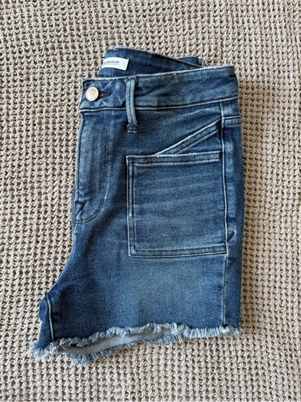 Good American Dark Blue High-Rise Frayed Hem Jean Shorts